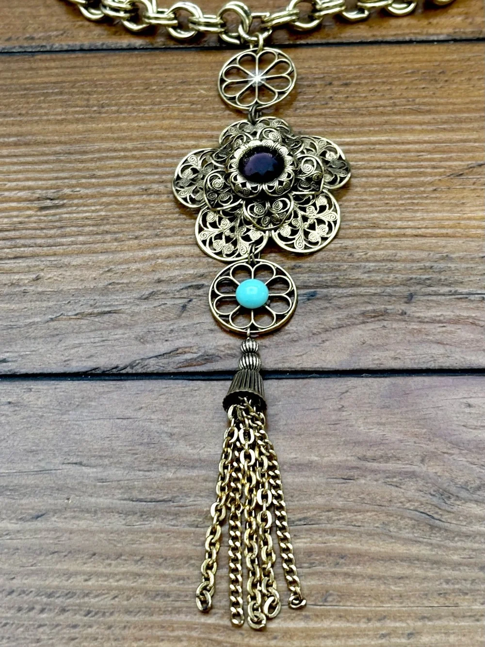 Gold-Tone Floral Filigree Pendant Necklace with Purple and Blue Accents